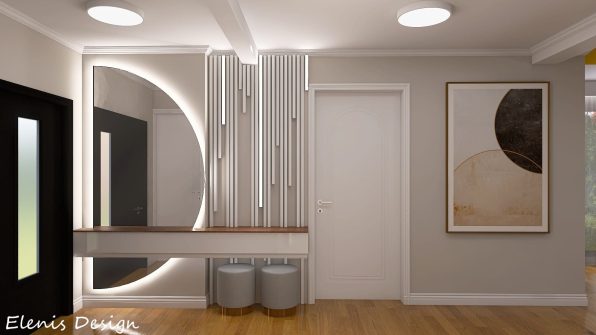 Hol, oglindă cu banda led, riflaje albe, parchet maro